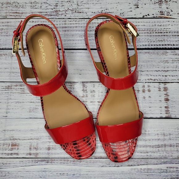 Calvin Klein Cimi Red Patent Open Toe Block Heel Sandals | 8 - Picture 4 of 11